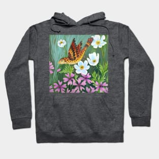 Bird in Anemones  Watercolor Illustration Hoodie